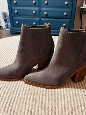 Marc Fisher Gray Suede Ankle Booties with Stacked Wood Heel